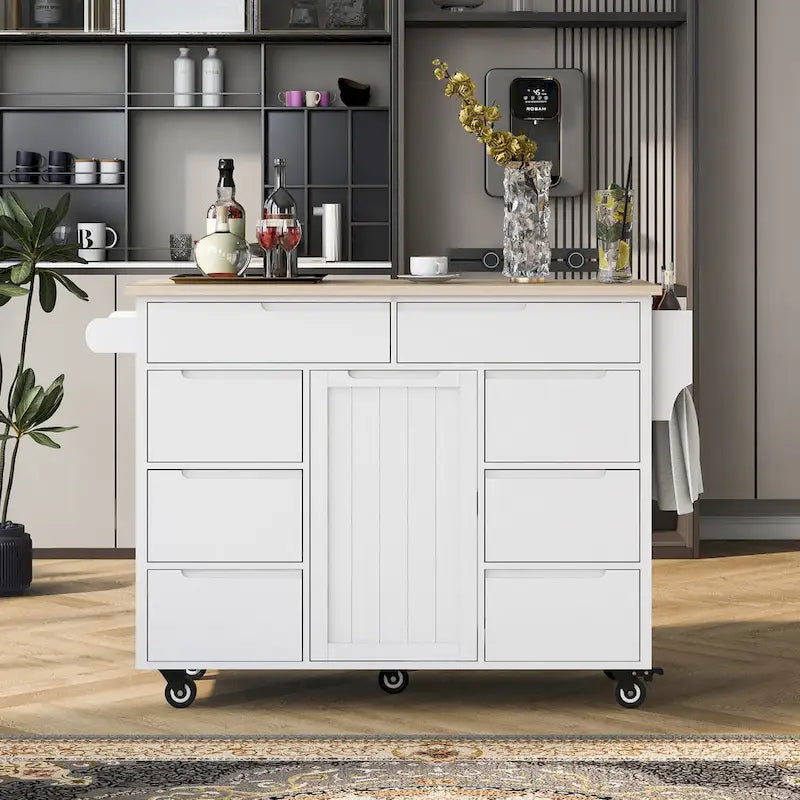 Blue / White / Black Rolling Kitchen Island with Rubber Wood Top, 8 Handle-Free Drawers, 2-Door Cabinet