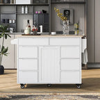Blue / White / Black Rolling Kitchen Island with Rubber Wood Top, 8 Handle-Free Drawers, 2-Door Cabinet