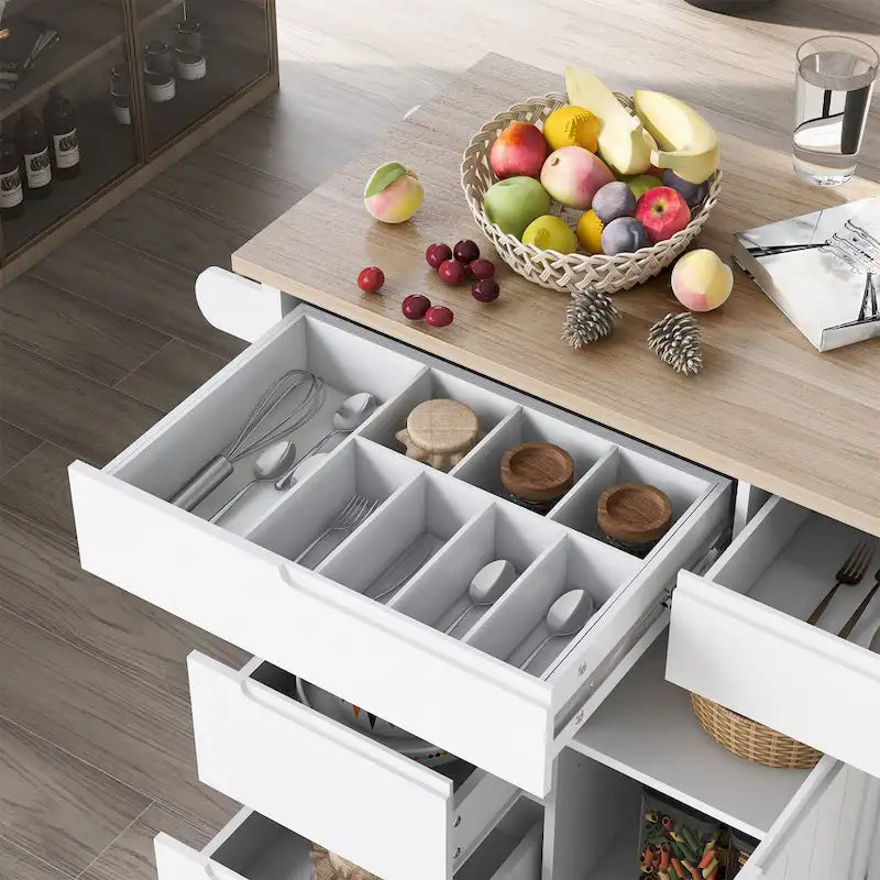 Blue / White / Black Rolling Kitchen Island with Rubber Wood Top, 8 Handle-Free Drawers, 2-Door Cabinet