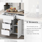 Blue / White / Black Rolling Kitchen Island with Rubber Wood Top, 8 Handle-Free Drawers, 2-Door Cabinet