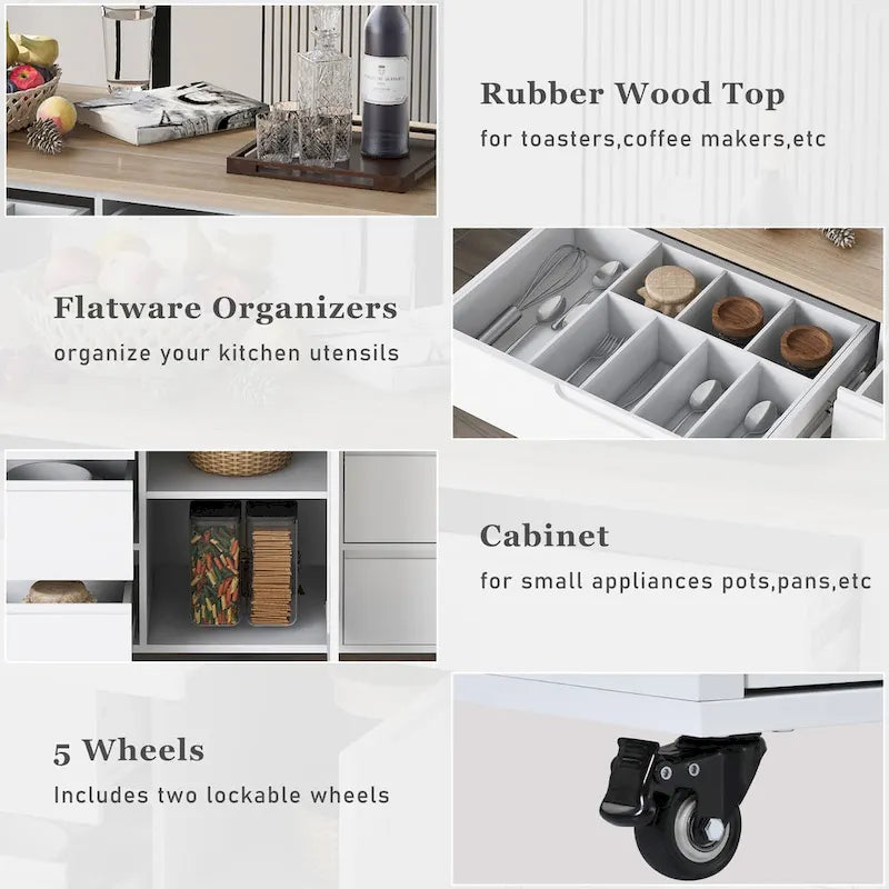 Blue / White / Black Rolling Kitchen Island with Rubber Wood Top, 8 Handle-Free Drawers, 2-Door Cabinet