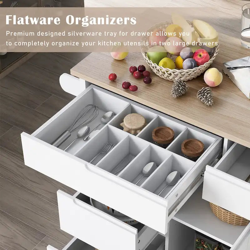 Blue / White / Black Rolling Kitchen Island with Rubber Wood Top, 8 Handle-Free Drawers, 2-Door Cabinet
