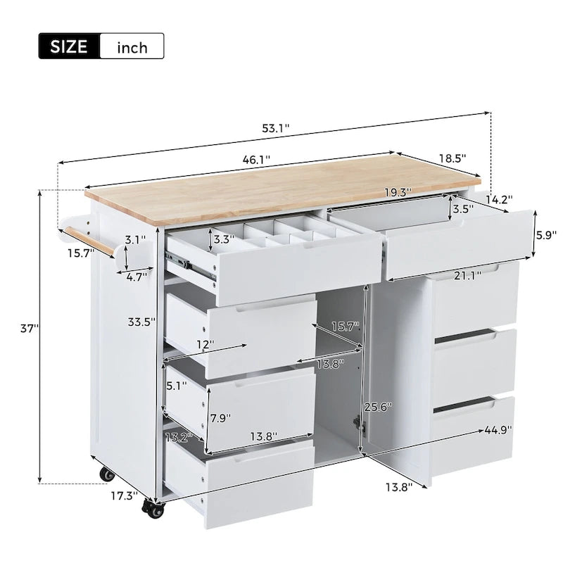 Blue / White / Black Rolling Kitchen Island with Rubber Wood Top, 8 Handle-Free Drawers, 2-Door Cabinet
