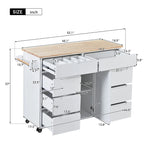 Blue / White / Black Rolling Kitchen Island with Rubber Wood Top, 8 Handle-Free Drawers, 2-Door Cabinet