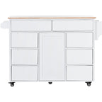 Blue / White / Black Rolling Kitchen Island with Rubber Wood Top, 8 Handle-Free Drawers, 2-Door Cabinet