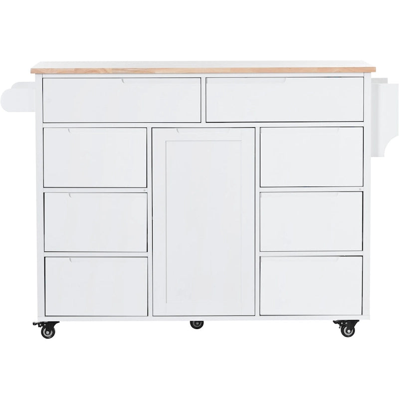 Blue / White / Black Rolling Kitchen Island with Rubber Wood Top, 8 Handle-Free Drawers, 2-Door Cabinet