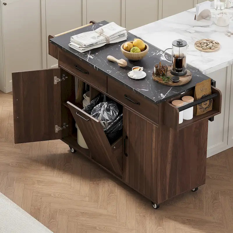 Walnut Brown / Grey / White Oak Rolling Kitchen Island Cart with Drop Leaf, Drawers & Storage