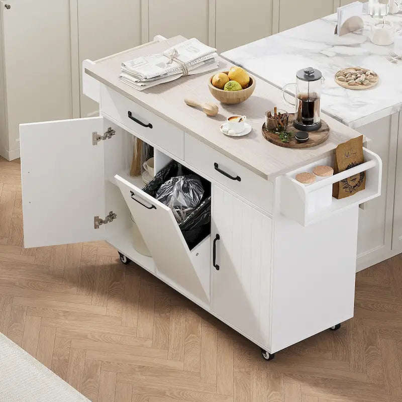 Walnut Brown / Grey / White Oak Rolling Kitchen Island Cart with Drop Leaf, Drawers & Storage