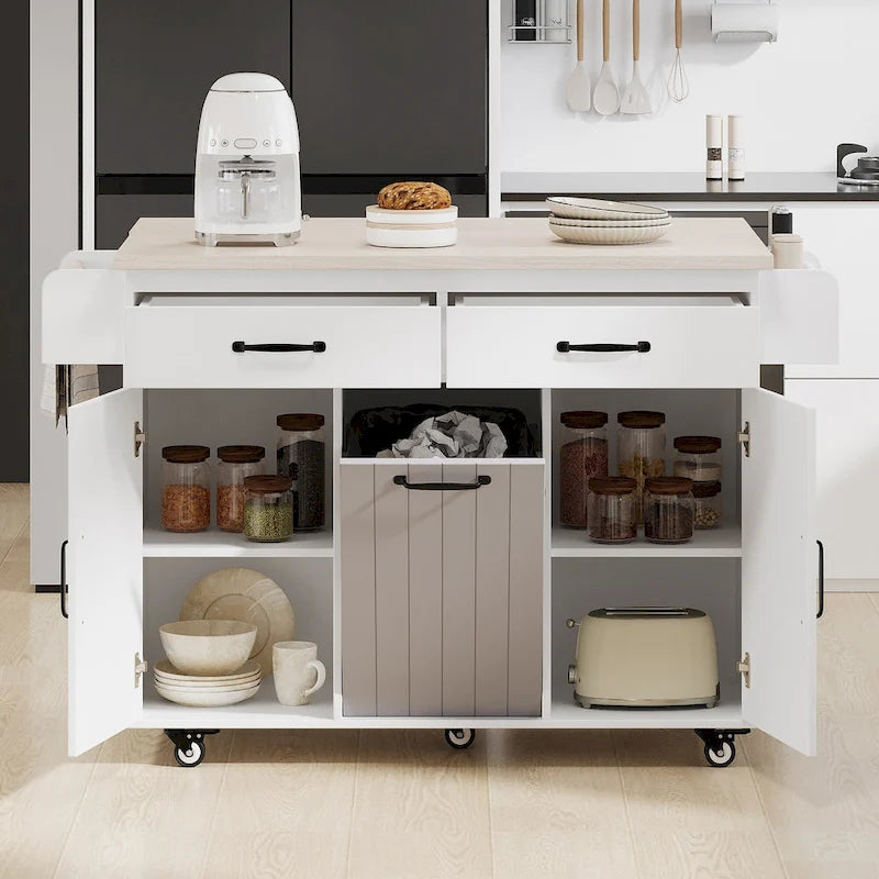 Walnut Brown / Grey / White Oak Rolling Kitchen Island Cart with Drop Leaf, Drawers & Storage