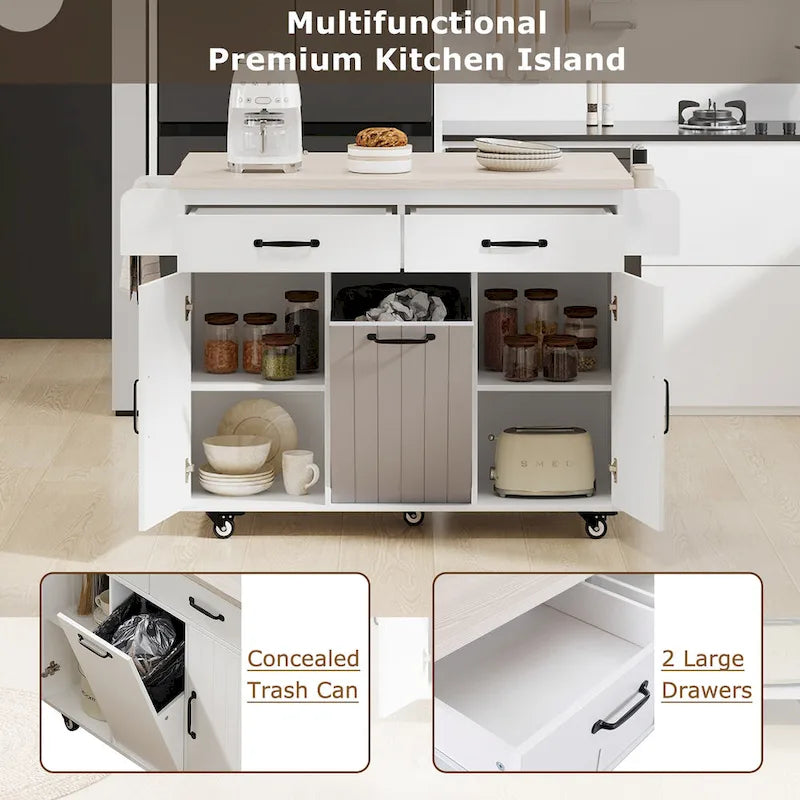 Walnut Brown / Grey / White Oak Rolling Kitchen Island Cart with Drop Leaf, Drawers & Storage