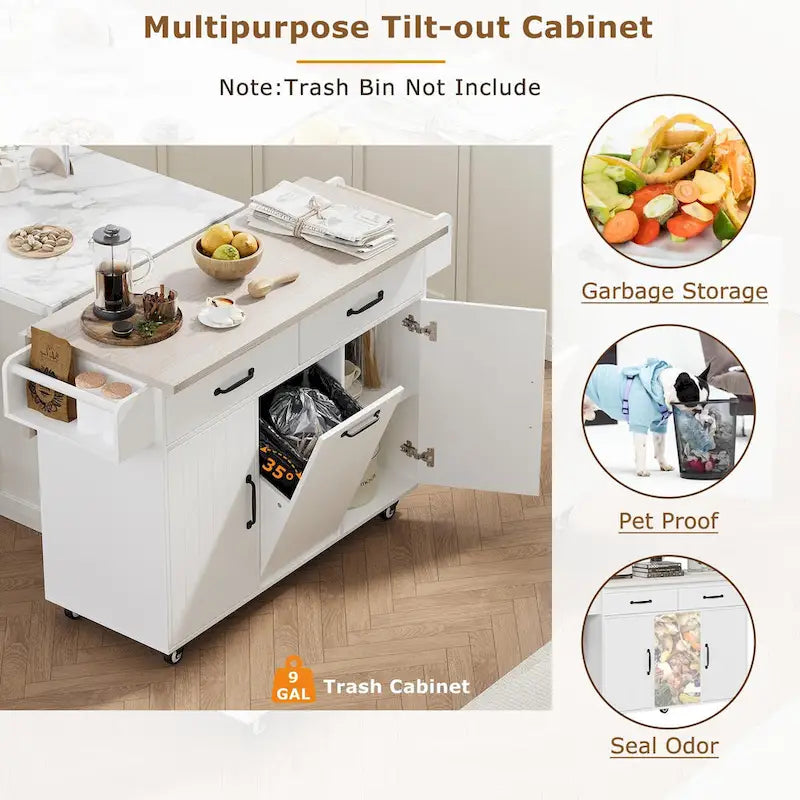 Walnut Brown / Grey / White Oak Rolling Kitchen Island Cart with Drop Leaf, Drawers & Storage