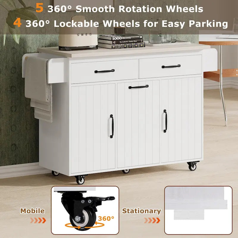 Walnut Brown / Grey / White Oak Rolling Kitchen Island Cart with Drop Leaf, Drawers & Storage