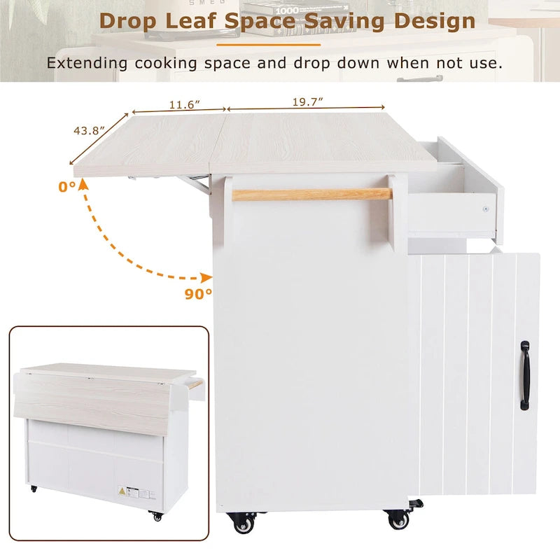 Walnut Brown / Grey / White Oak Rolling Kitchen Island Cart with Drop Leaf, Drawers & Storage