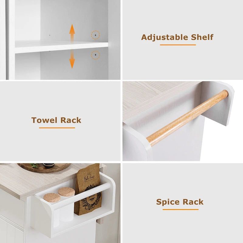Walnut Brown / Grey / White Oak Rolling Kitchen Island Cart with Drop Leaf, Drawers & Storage