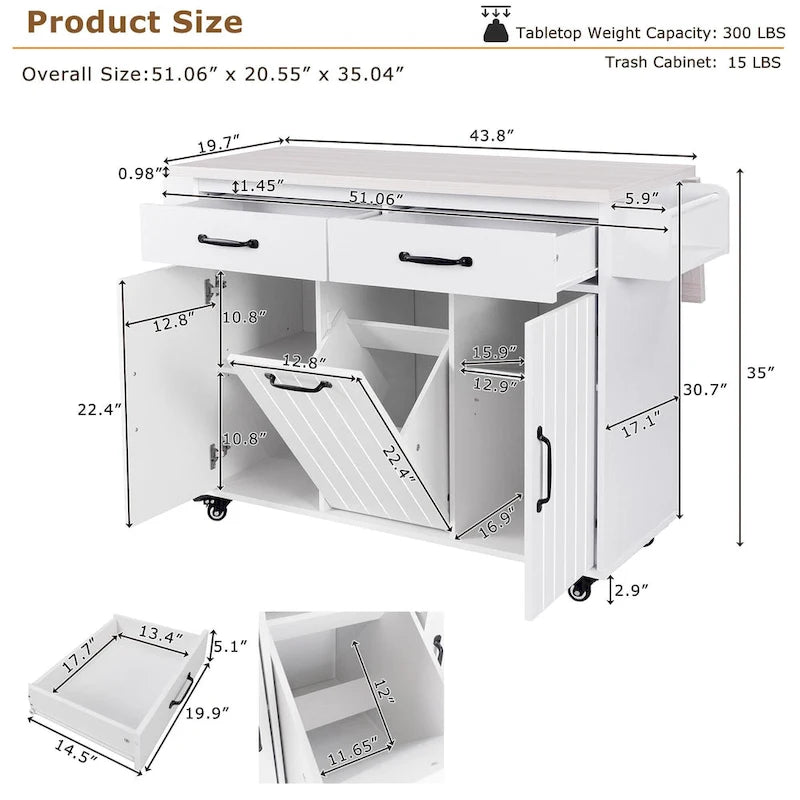 Walnut Brown / Grey / White Oak Rolling Kitchen Island Cart with Drop Leaf, Drawers & Storage