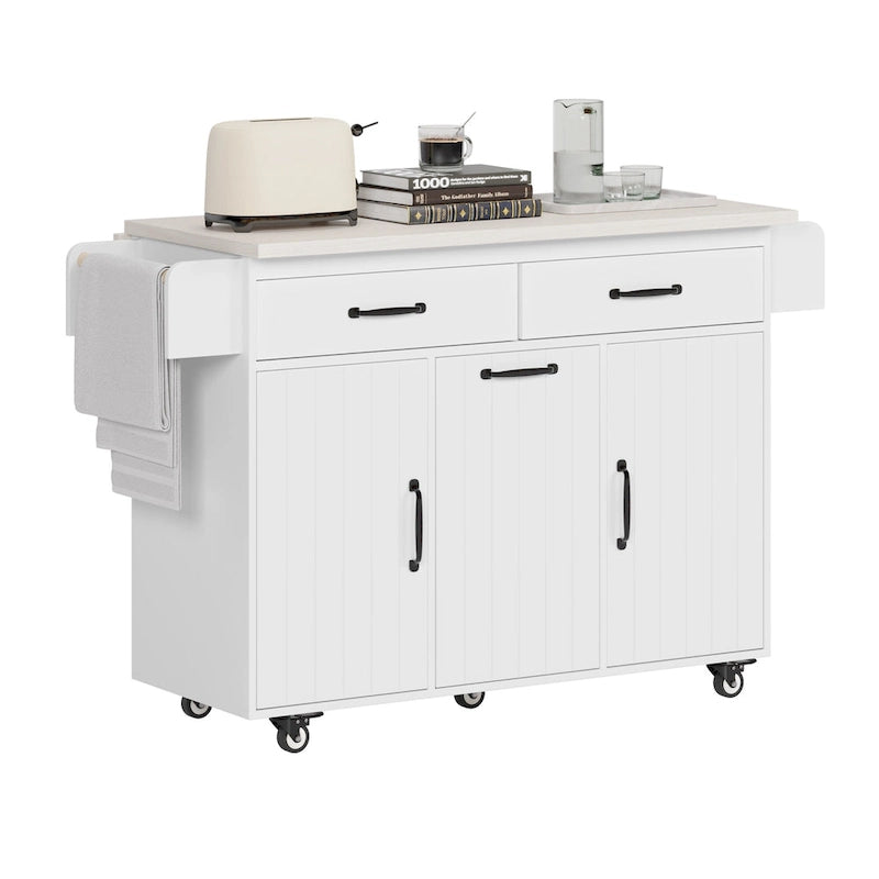 Walnut Brown / Grey / White Oak Rolling Kitchen Island Cart with Drop Leaf, Drawers & Storage