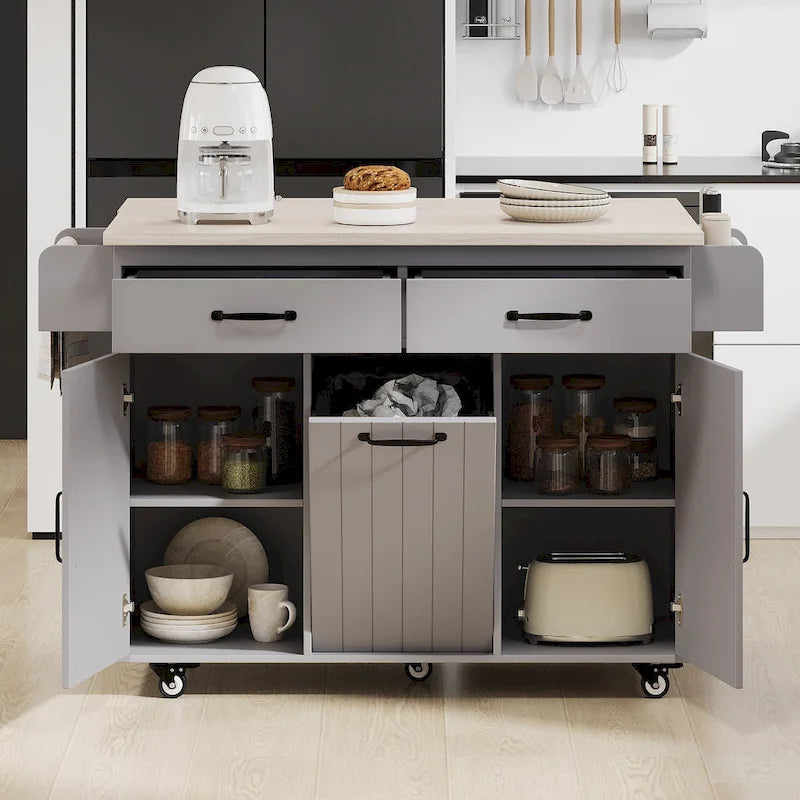 Walnut Brown / Grey / White Oak Rolling Kitchen Island Cart with Drop Leaf, Drawers & Storage