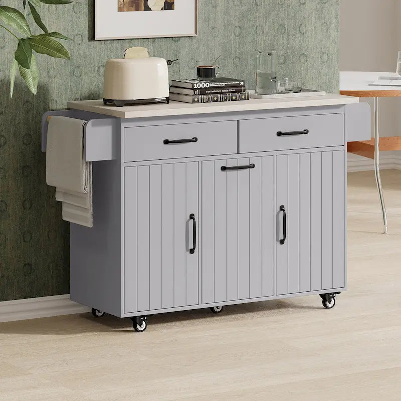 Walnut Brown / Grey / White Oak Rolling Kitchen Island Cart with Drop Leaf, Drawers & Storage