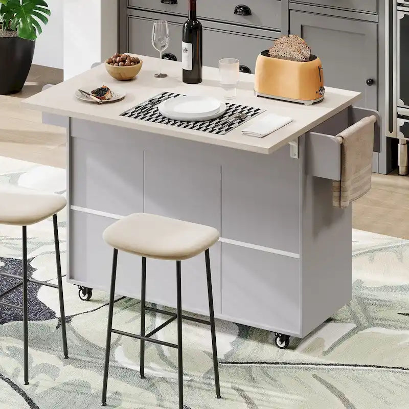 Walnut Brown / Grey / White Oak Rolling Kitchen Island Cart with Drop Leaf, Drawers & Storage
