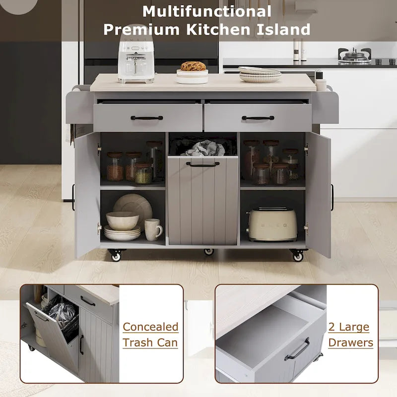 Walnut Brown / Grey / White Oak Rolling Kitchen Island Cart with Drop Leaf, Drawers & Storage
