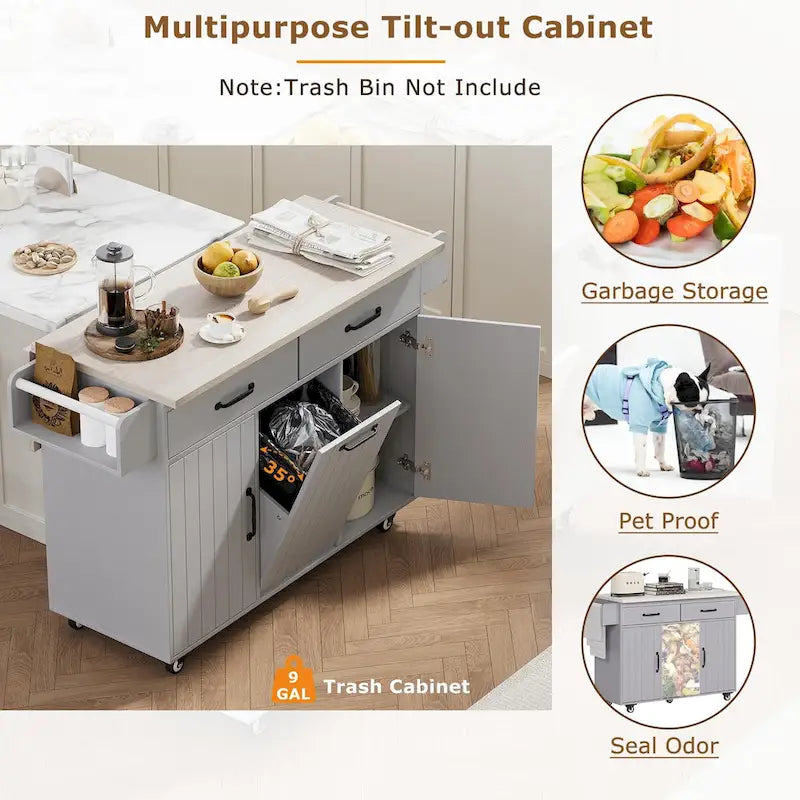 Walnut Brown / Grey / White Oak Rolling Kitchen Island Cart with Drop Leaf, Drawers & Storage