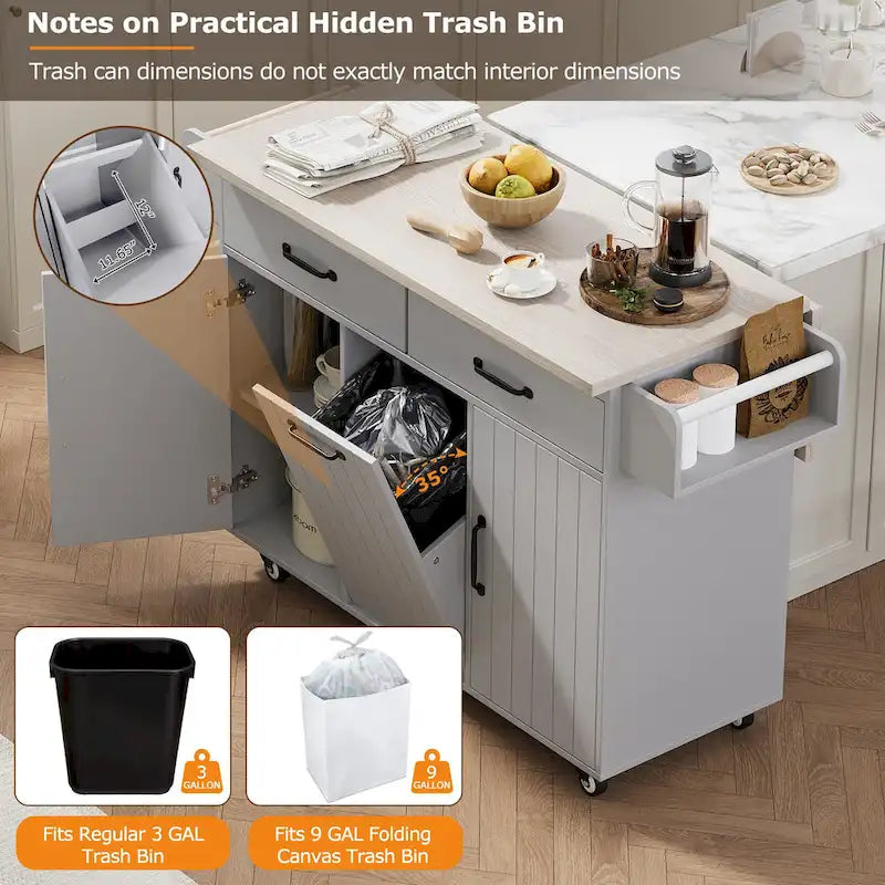 Walnut Brown / Grey / White Oak Rolling Kitchen Island Cart with Drop Leaf, Drawers & Storage