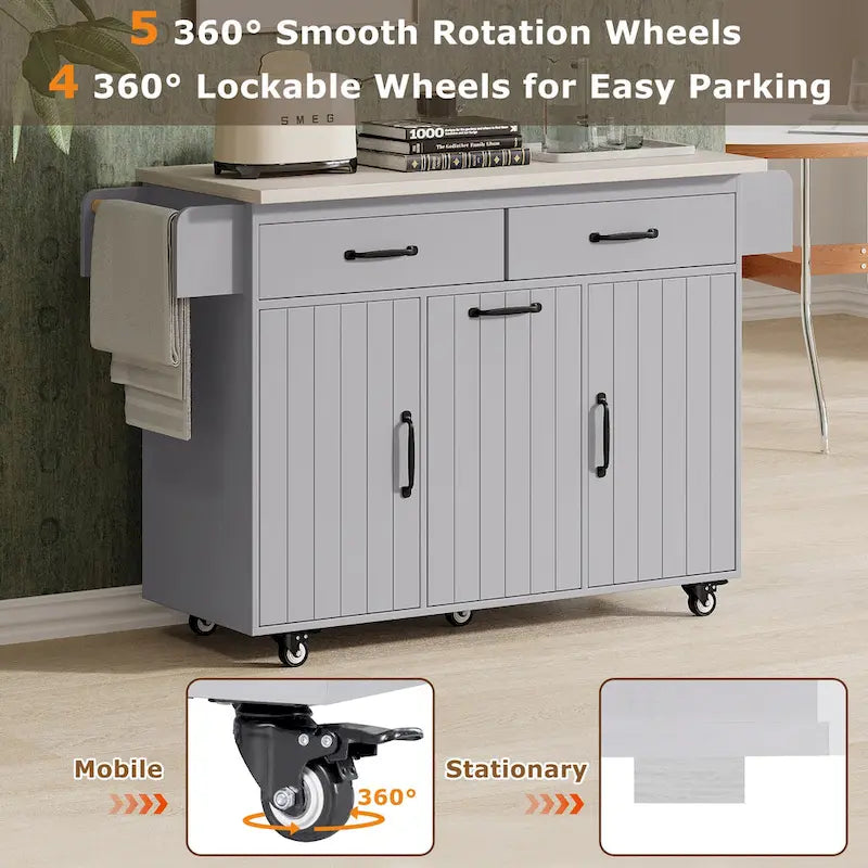 Walnut Brown / Grey / White Oak Rolling Kitchen Island Cart with Drop Leaf, Drawers & Storage