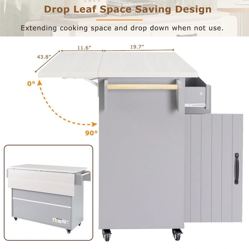Walnut Brown / Grey / White Oak Rolling Kitchen Island Cart with Drop Leaf, Drawers & Storage