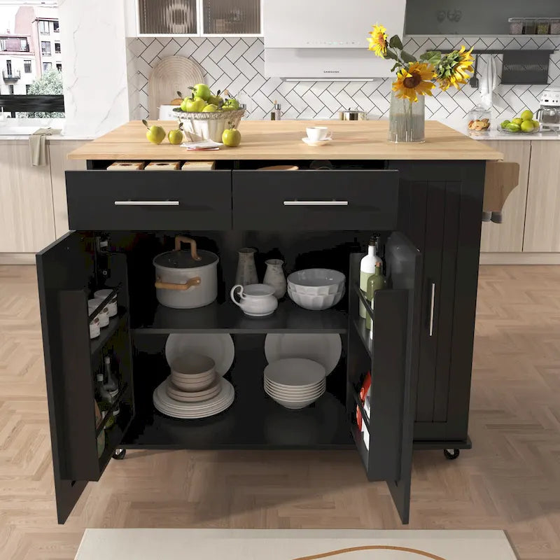 Black Rolling Kitchen Island Cart with Drop Leaf & 2 Drawers, 3-Tier Pull-Out