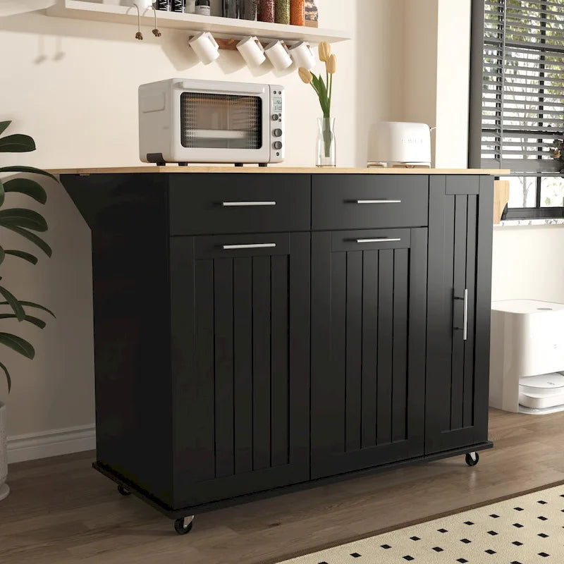 Black Rolling Kitchen Island Cart with Drop Leaf & 2 Drawers, 3-Tier Pull-Out