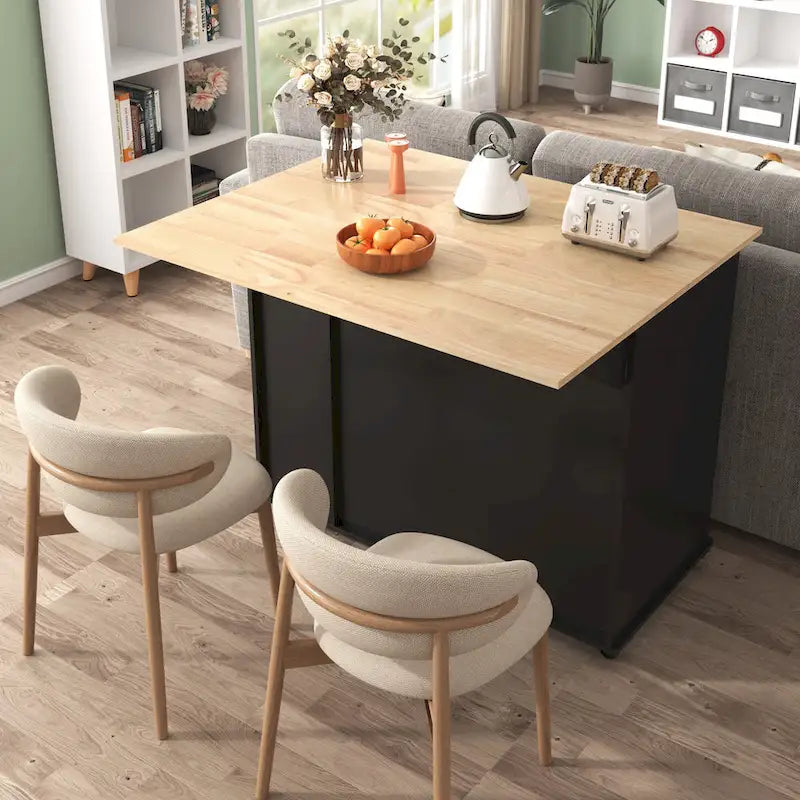 Black Rolling Kitchen Island Cart with Drop Leaf & 2 Drawers, 3-Tier Pull-Out