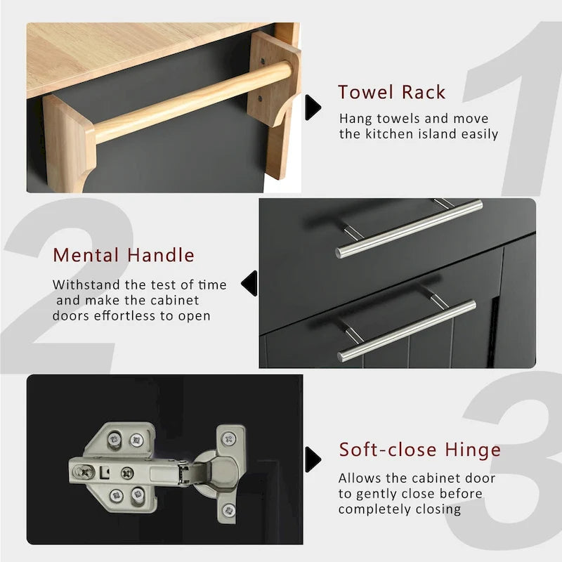 Black Rolling Kitchen Island Cart with Drop Leaf & 2 Drawers, 3-Tier Pull-Out