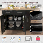 Black Rolling Kitchen Island Cart with Drop Leaf & 2 Drawers, 3-Tier Pull-Out