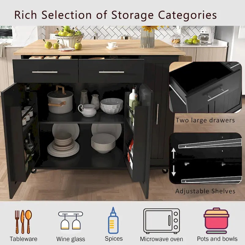 Black Rolling Kitchen Island Cart with Drop Leaf & 2 Drawers, 3-Tier Pull-Out