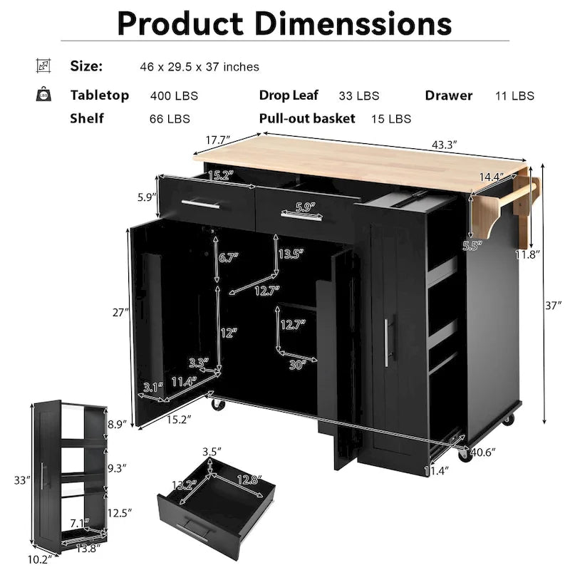 Black Rolling Kitchen Island Cart with Drop Leaf & 2 Drawers, 3-Tier Pull-Out