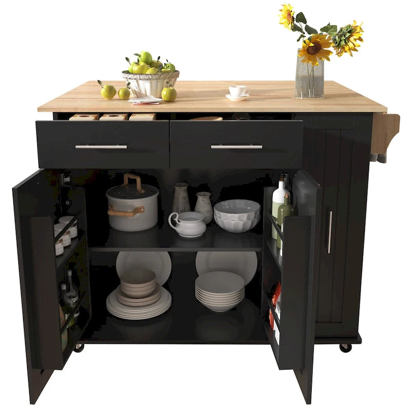 Black Rolling Kitchen Island Cart with Drop Leaf & 2 Drawers, 3-Tier Pull-Out