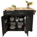 Black Rolling Kitchen Island Cart with Drop Leaf & 2 Drawers, 3-Tier Pull-Out