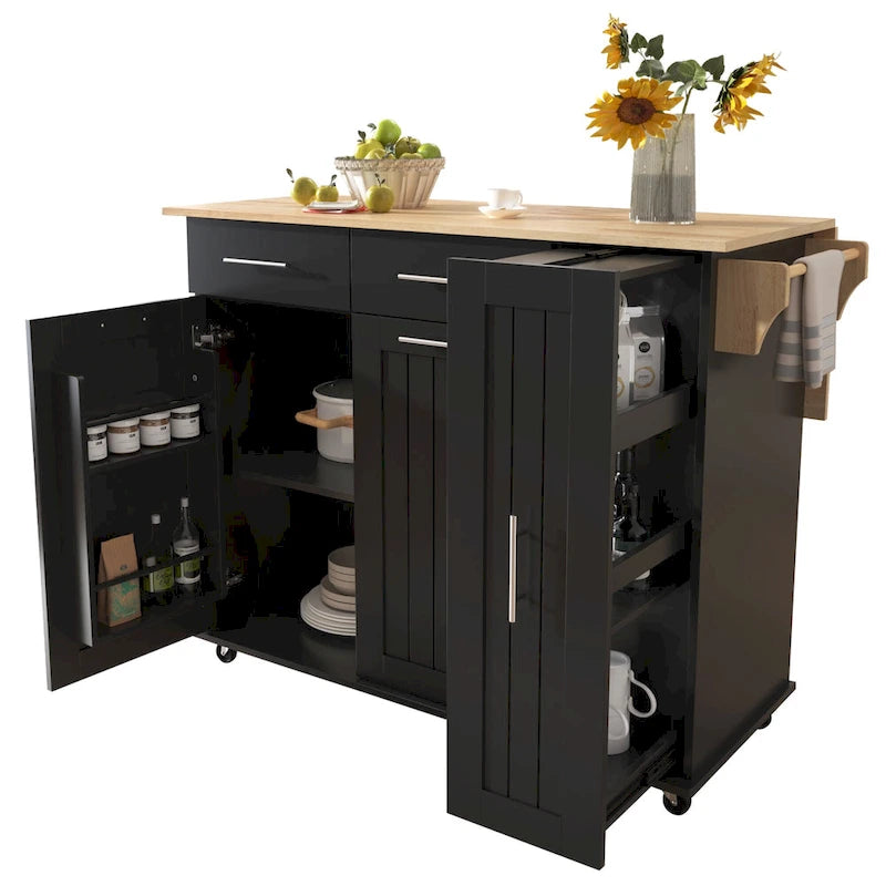Black Rolling Kitchen Island Cart with Drop Leaf & 2 Drawers, 3-Tier Pull-Out