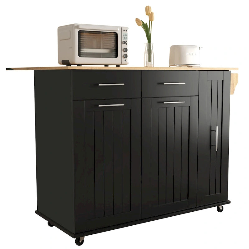 Black Rolling Kitchen Island Cart with Drop Leaf & 2 Drawers, 3-Tier Pull-Out