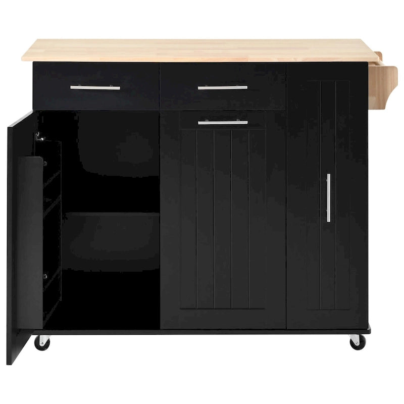 Black Rolling Kitchen Island Cart with Drop Leaf & 2 Drawers, 3-Tier Pull-Out