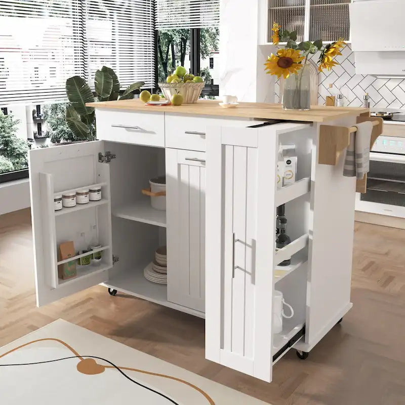 Black Rolling Kitchen Island Cart with Drop Leaf & 2 Drawers, 3-Tier Pull-Out