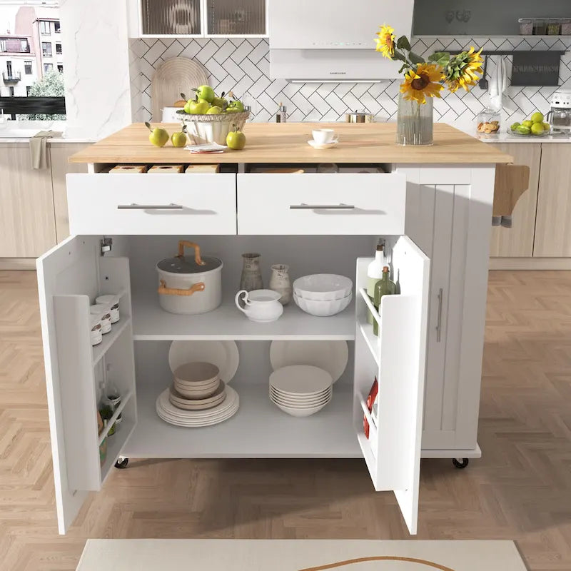 Black Rolling Kitchen Island Cart with Drop Leaf & 2 Drawers, 3-Tier Pull-Out