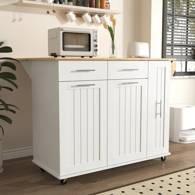 Black Rolling Kitchen Island Cart with Drop Leaf & 2 Drawers, 3-Tier Pull-Out