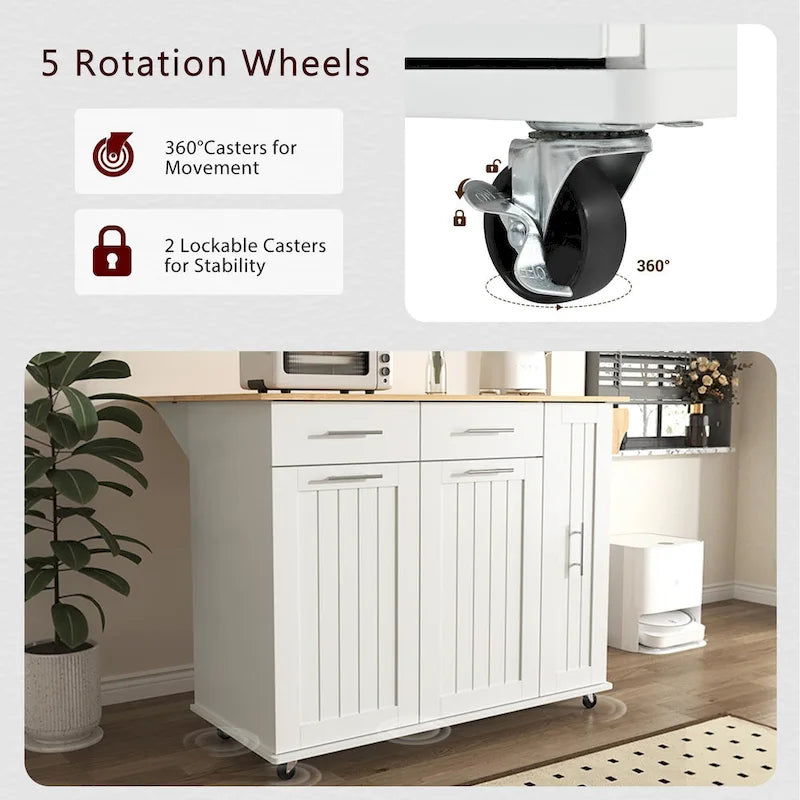 Black Rolling Kitchen Island Cart with Drop Leaf & 2 Drawers, 3-Tier Pull-Out