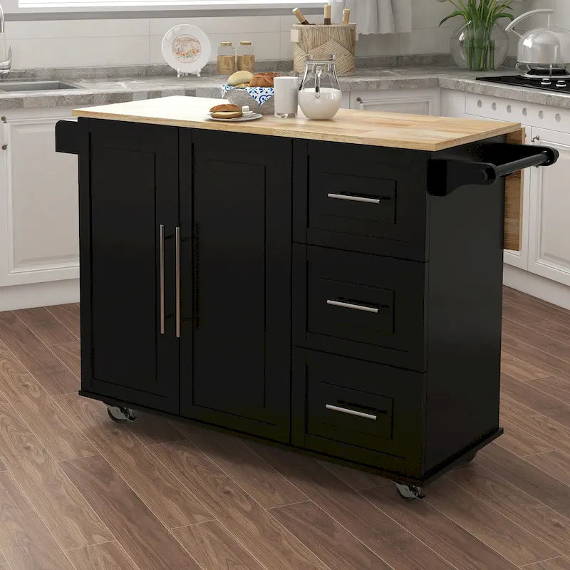 Black Drop-Leaf Kitchen Island Cart with Drawers, Towel & Spice Rack, 1-Person