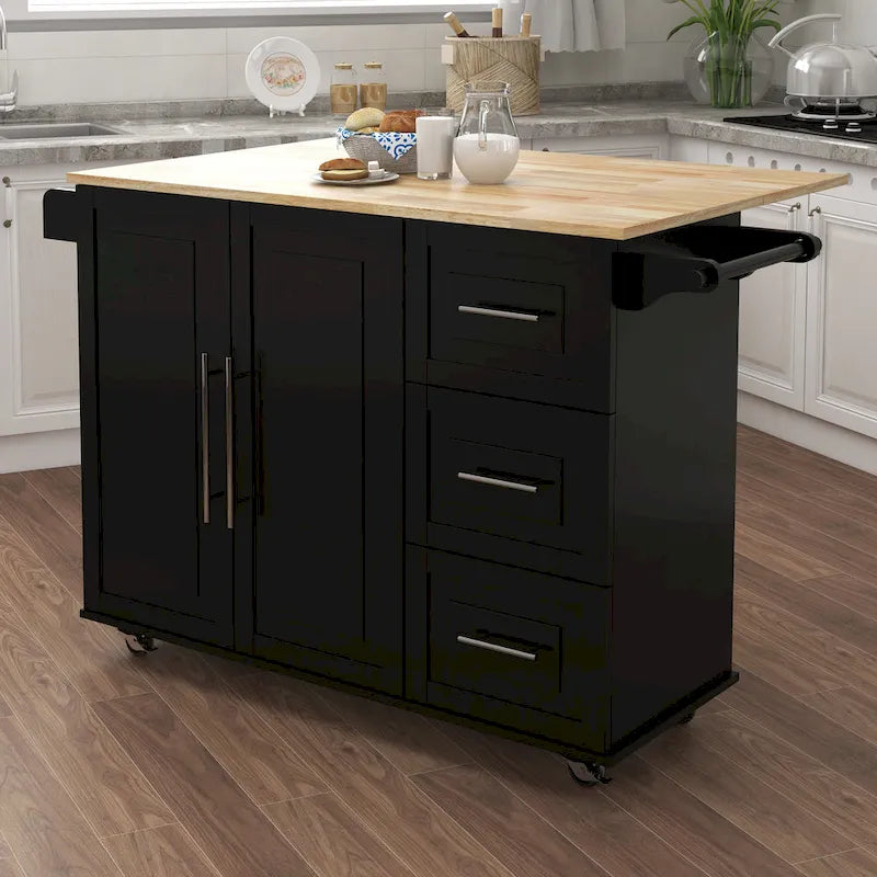 Black Drop-Leaf Kitchen Island Cart with Drawers, Towel & Spice Rack, 1-Person