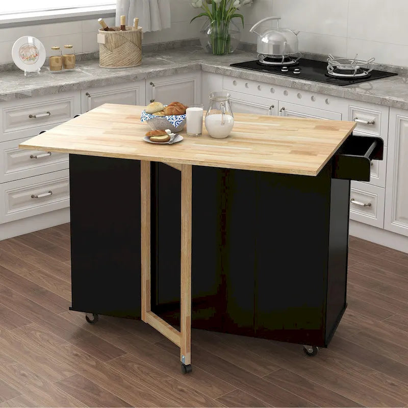Black Drop-Leaf Kitchen Island Cart with Drawers, Towel & Spice Rack, 1-Person