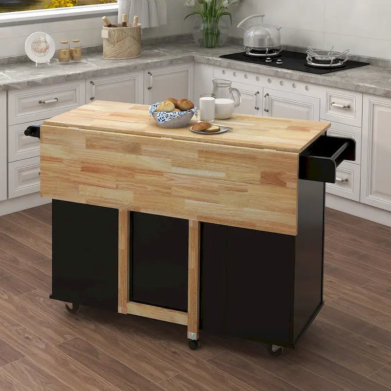 Black Drop-Leaf Kitchen Island Cart with Drawers, Towel & Spice Rack, 1-Person