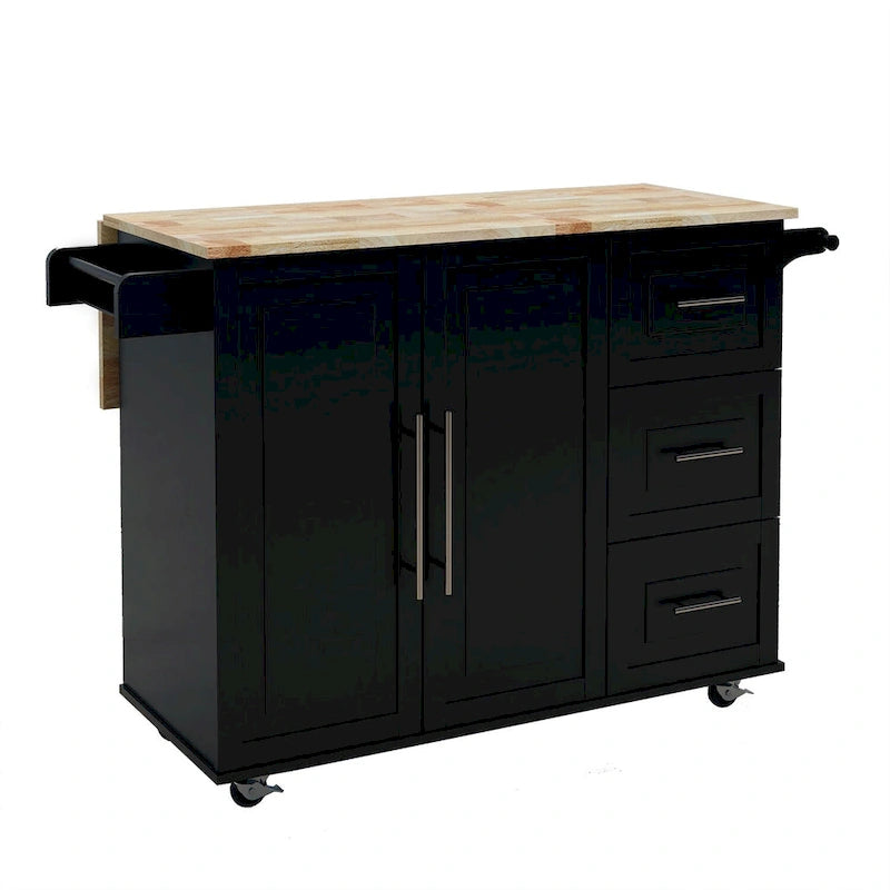 Black Drop-Leaf Kitchen Island Cart with Drawers, Towel & Spice Rack, 1-Person