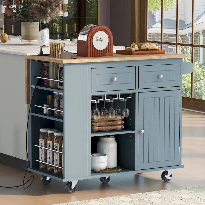 Black / Blue / White Rolling Kitchen Island with Power Outlet, Drop Leaf & Wine Rack – 1 Unit